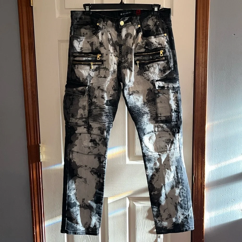 MAKOBI-36X 32-black&gray-distressed, 9 pockets, biker, straight leg, cargo jeans
